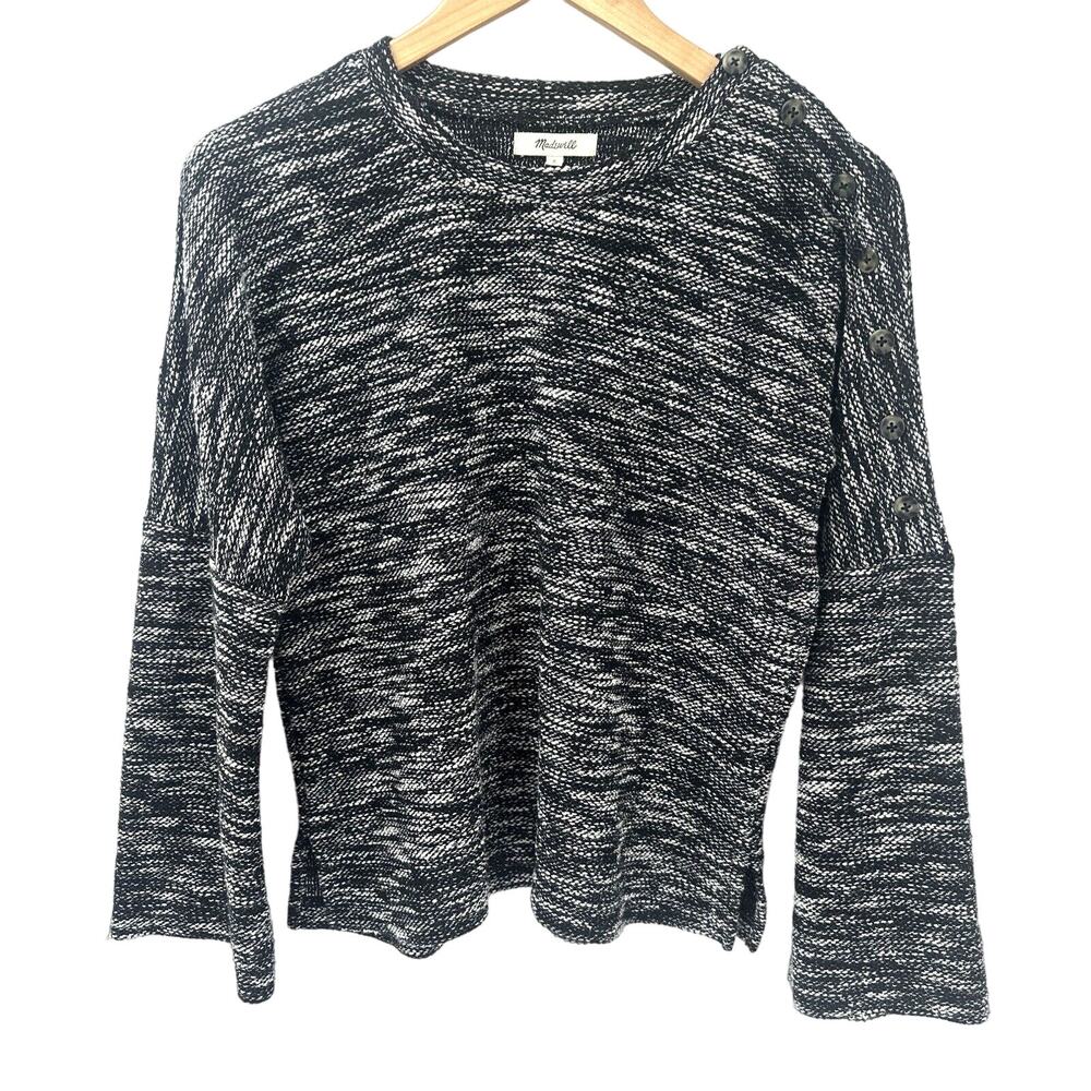 Madewell Sweater Womens Small Button Shoulder Wide Sleeve Black Marled Crop